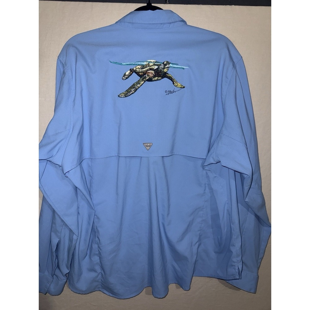 Columbia PFG Womens 2X Tall Blue Fishing Shirt Vented Long Sleeve Turtle